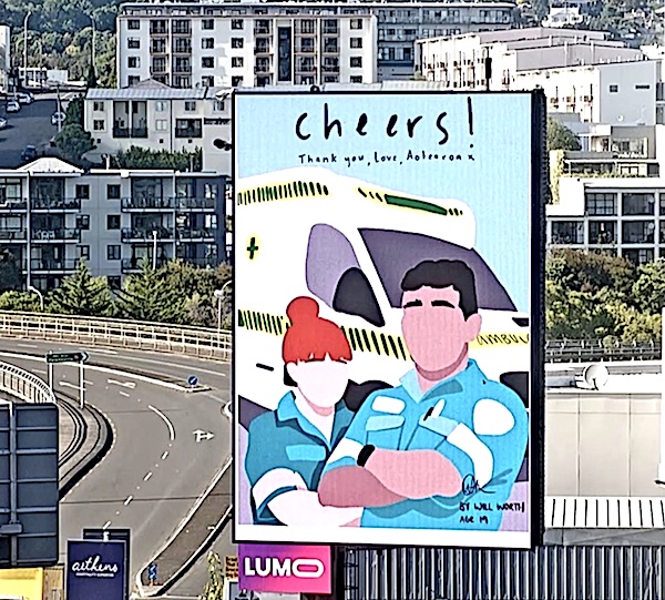 A billboard created by Auckland University of Technology students. thanking New Zealands essential workers. HuttValleyDHBTwitter