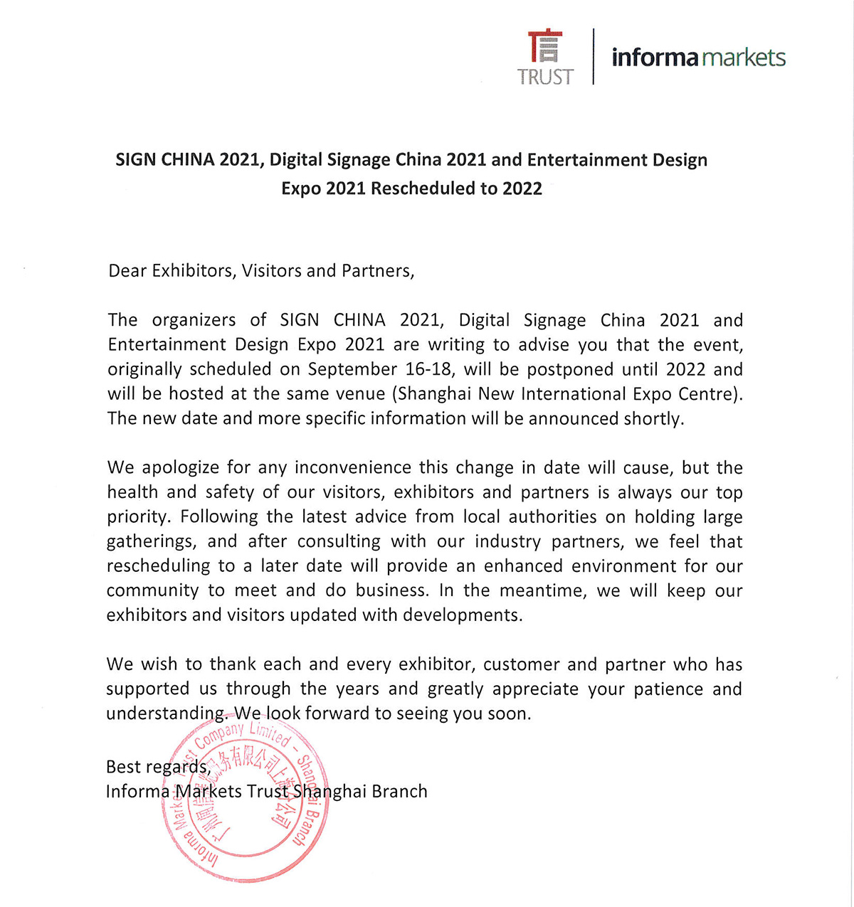 Sign China announcement